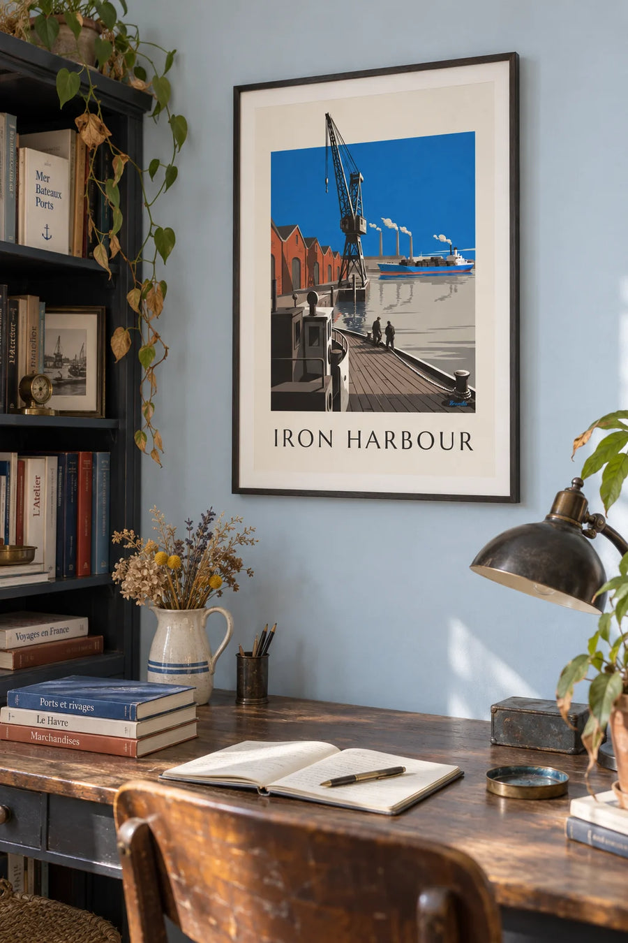 Industrial port poster with crane, cargo ship and factory chimneys: framed on the wall