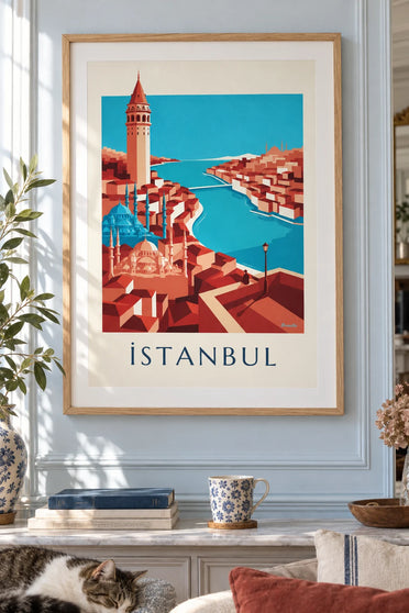Plakat med geometrisk kort over Istanbul og byens seværdigheder: indrammet på væggen