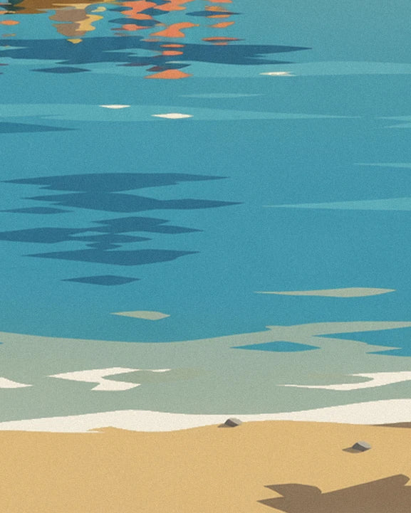 The orange reflections in the turquoise water, and the foam on the golden sand