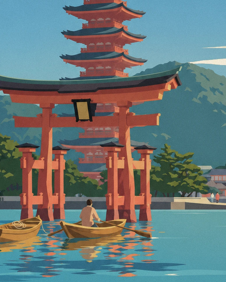 The large red torii gate in the water, with the 5-storey pagoda behind and a golden boat