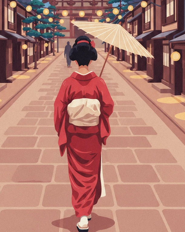The geisha in a red kimono and cream obi, seen from behind with her open parasol in the cobbled street