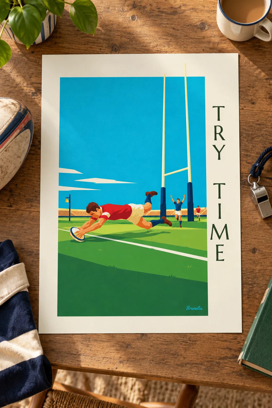 Affiche rugbyman marquant un essai en plongeon : posée sur une table