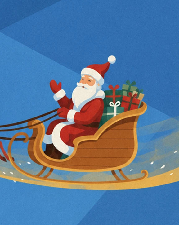 Father Christmas in his red suit waving from his golden sleigh full of presents