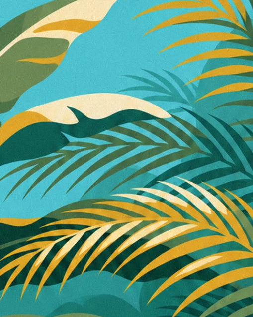 Slender mustard and fir-green palm fronds crossing in front of a patch of turquoise sky