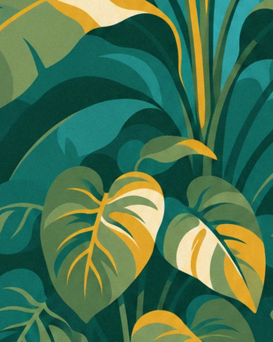 The 2 soft green and mustard heart-shaped leaves at the foot of tall stems in the jungle