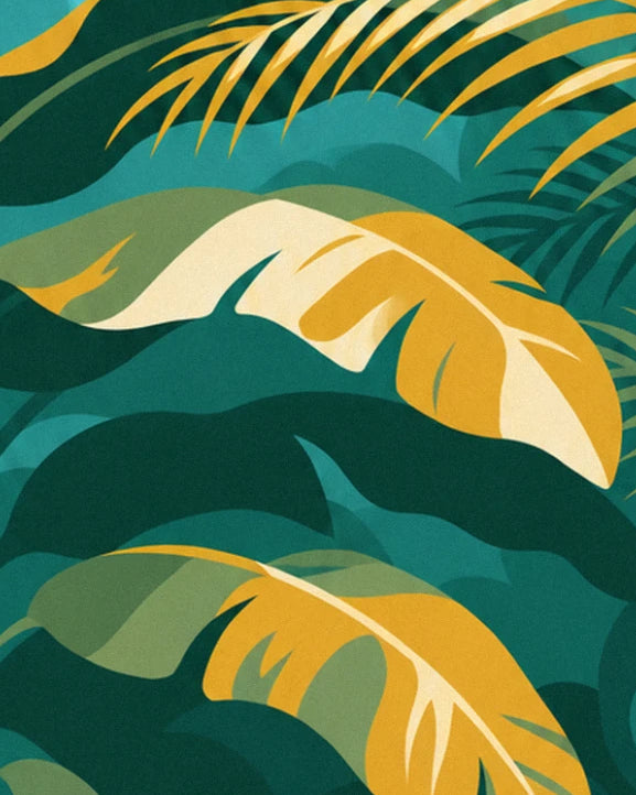 Overlapping mustard and cream banana leaves against deep green foliage