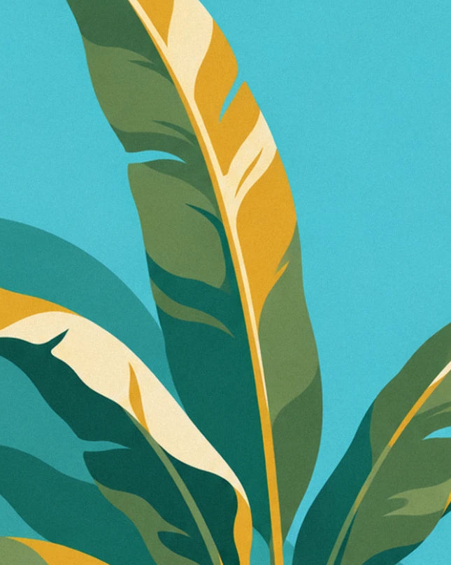 A large olive-green and mustard banana leaf rising against a turquoise sky