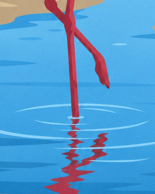 The flamingo's red legs in the blue water, with their wavy reflections and ripples
