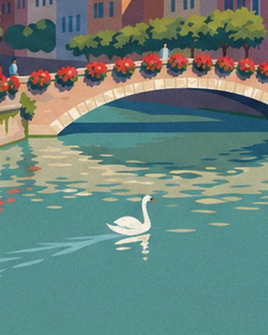 A white swan gliding on the turquoise water of the Thiou, beneath the arch of a flower-decked bridge