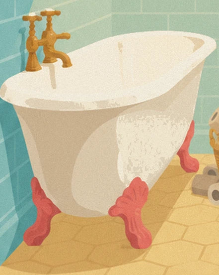 The white bath on pink feet, with gold taps and bubbles