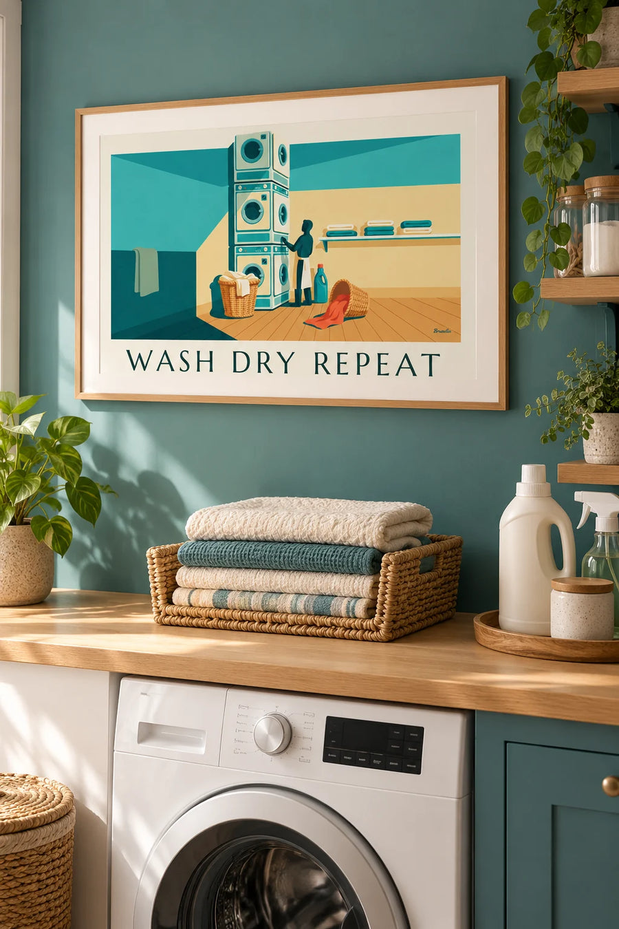 Affiche Laundry Room avec paniers de linge et machines à laver : encadrée au mur