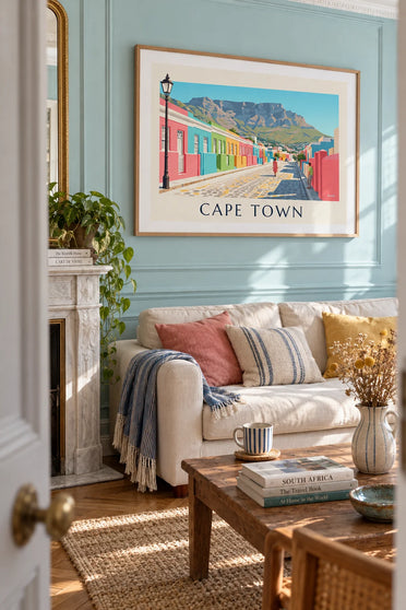 Plakat med farverige huse i Bo-Kaap i Cape Town og Taffelbjerget: indrammet på væggen