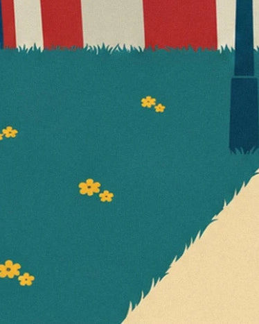 Yellow flowers in the grass beside the path, at the foot of the striped big top