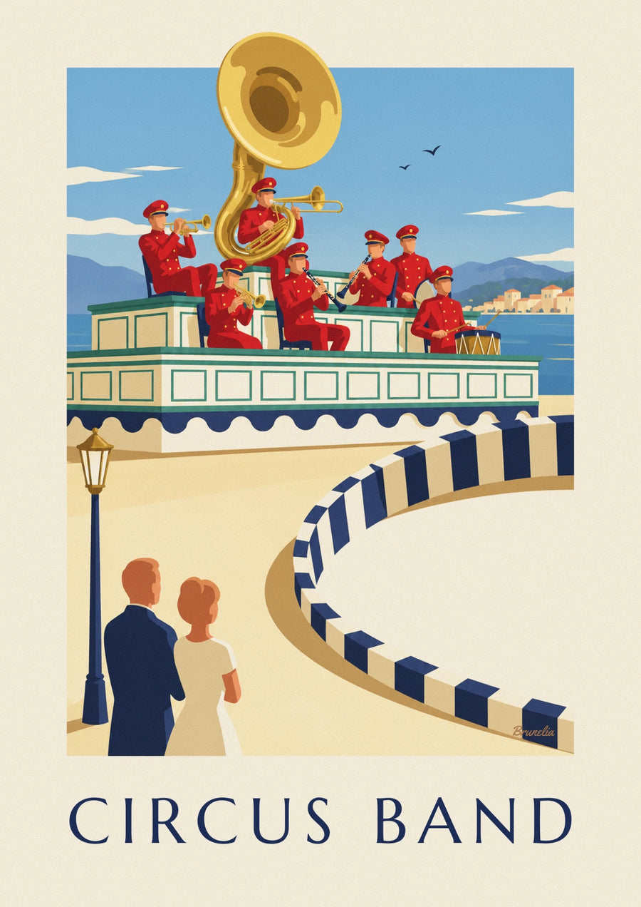 Circus band playing on its decorated stand poster