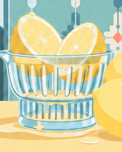 The ribbed glass citrus juicer and its yellow lemon halves