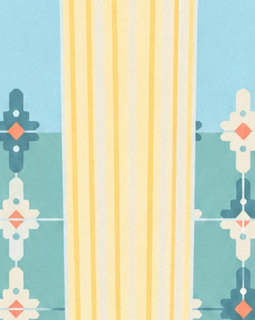 Yellow and cream stripes between turquoise tiles with floral patterns