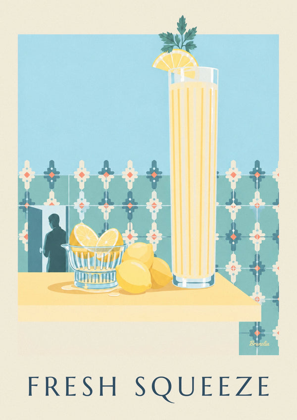 Glass citrus juicer and squeezed lemons poster