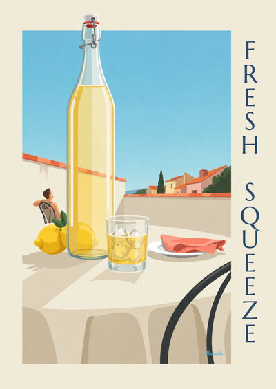 Poster of an artisanal lemonade bottle on a sunny terrace: the full poster