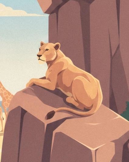La lionne allongée sur un rocher, sa longue queue courbée contre la pierre