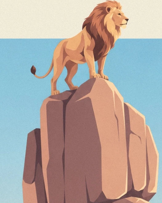 Le lion à la crinière brune, debout au sommet d'un haut rocher ocre