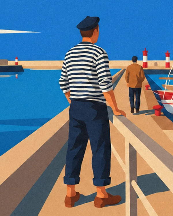 Le marin en marinière et béret, accoudé à la jetée face aux phares rouge et blanc