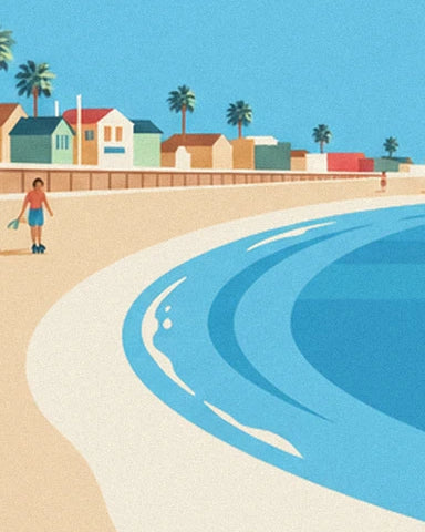 A female roller skater on the sand beside turquoise water, with pastel houses and palm trees in the distance