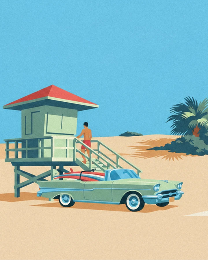The lifeguard in red shorts climbing up to his lookout, near the green convertible and its 2 boards