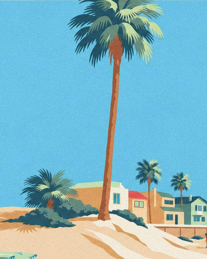 A tall palm tree with an orange trunk towering over the dunes, with colourful beach houses behind