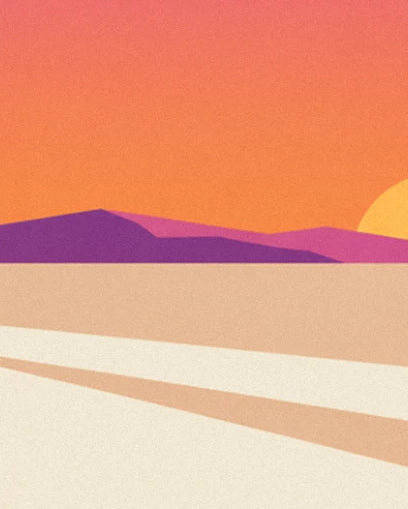 A yellow sun setting behind purple hills, over the beige desert sand