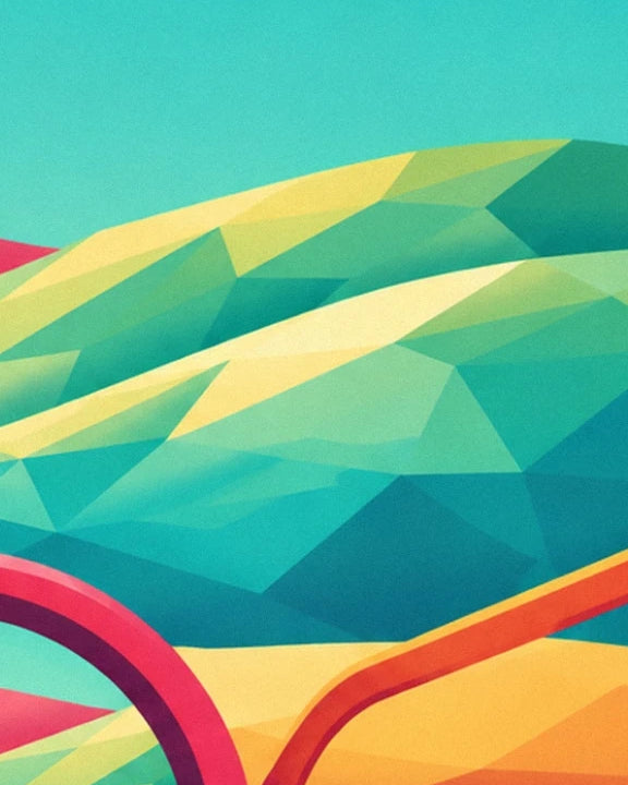 Green and turquoise faceted landforms above a pink and orange frame