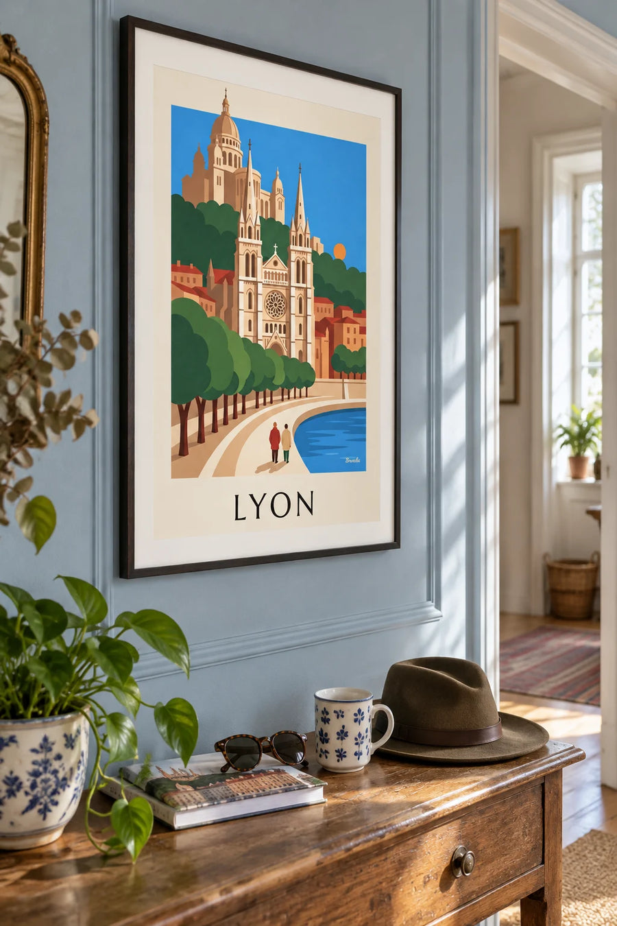 Poster of Saint-Jean Cathedral and the Saône quays in Lyon: framed on the wall