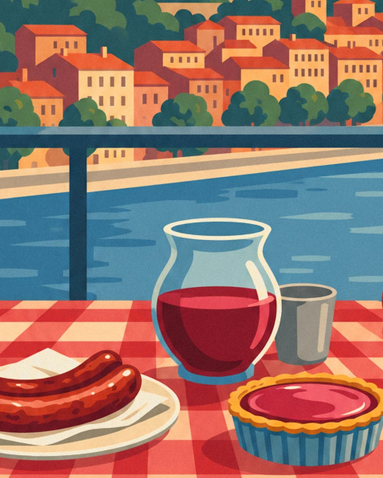 Lyon bouchon restaurant facing the Saône and Fourvière poster: close-up detail
