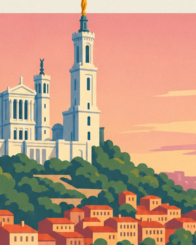 Lyon bouchon restaurant facing the Saône and Fourvière poster: close-up detail