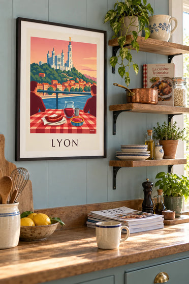Plakat med lyonesisk bouchon ved Saône og Fourvière: indrammet på væggen