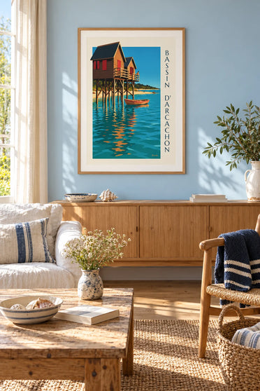 Affiche cabanes tchanquées du bassin d’Arcachon au crépuscule : encadrée au mur