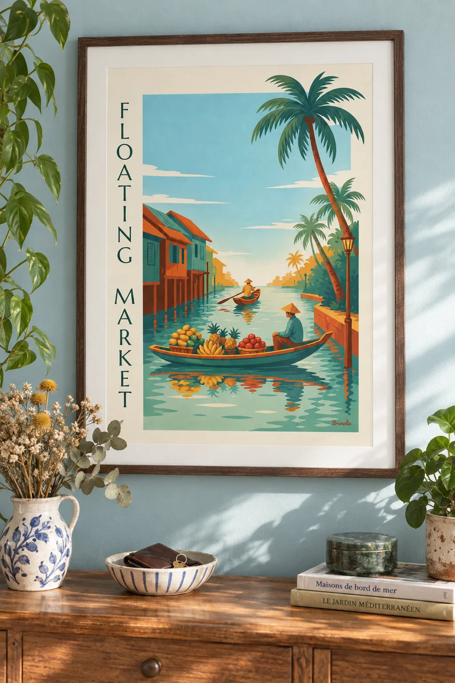 Affiche marché flottant tropical et bateaux chargés de fruits : encadrée au mur