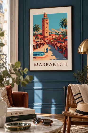 Plakat med Marrakeshs medina og Koutoubia-minaretten: indrammet på væggen