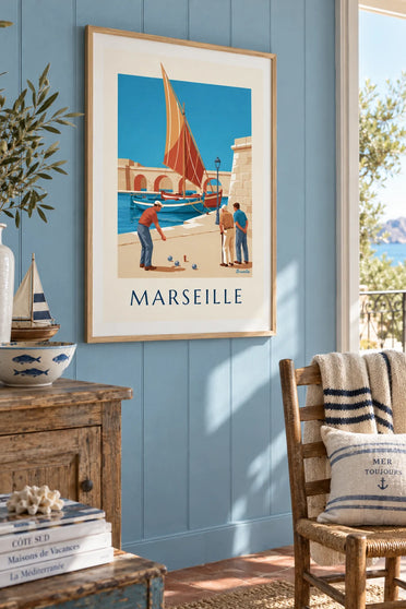 Affiche partie de pétanque au Vallon des Auffes à Marseille : encadrée au mur