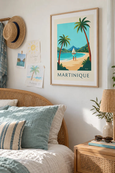 Poster of a sailboat in a Martinique cove and Mount Pelée: framed on the wall