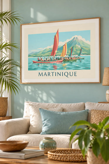 Plakat med traditionelle udriggerbåde i kapløb ud for Martinique : indrammet på væggen