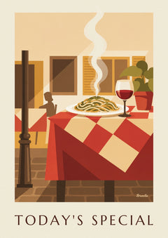 Plakat med caféterrasse, spaghetti og et glas rødvin