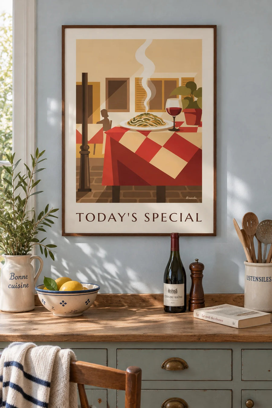 Poster of a French bistro table and chalkboard menu: framed on the wall