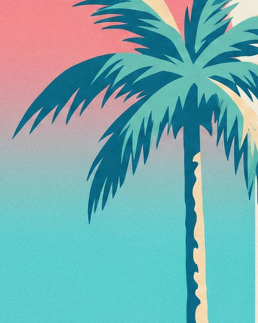 Palm tree with sea-green fronds against a sky fading from pink to turquoise
