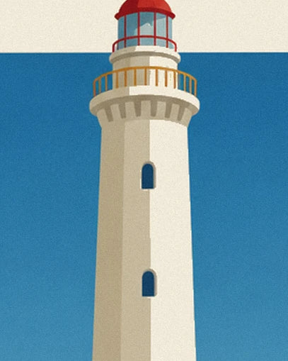 A white lighthouse with blue windows, topped with a red lantern and a golden balcony