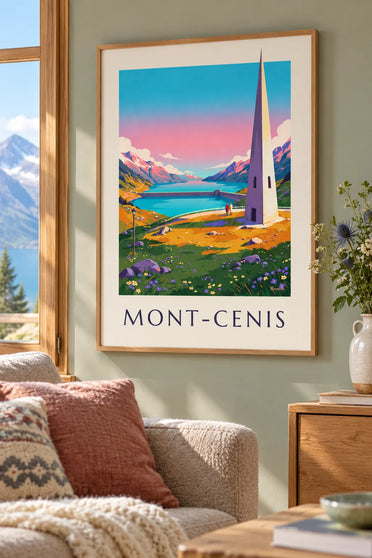Plakat af søen Mont-Cenis ved solnedgang: indrammet på væggen