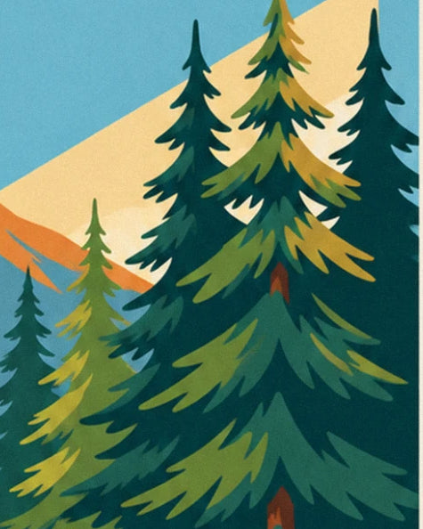 Les sapins vert sombre et vert olive devant une crête dorée et un ciel bleu