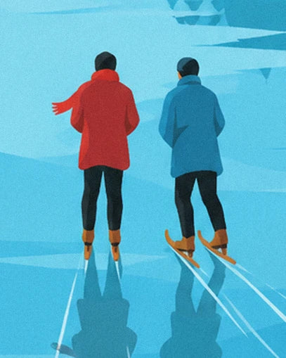 The 2 skaters seen from behind in red and blue coats, with their shadows on the ice