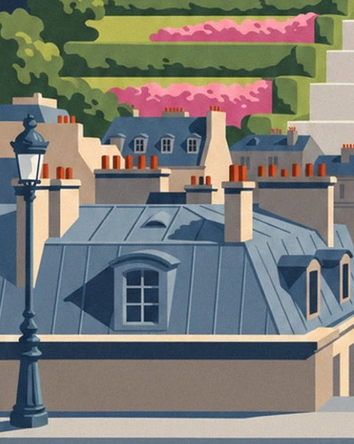 A street lamp in front of blue-tinged mansard roofs and brick chimneys