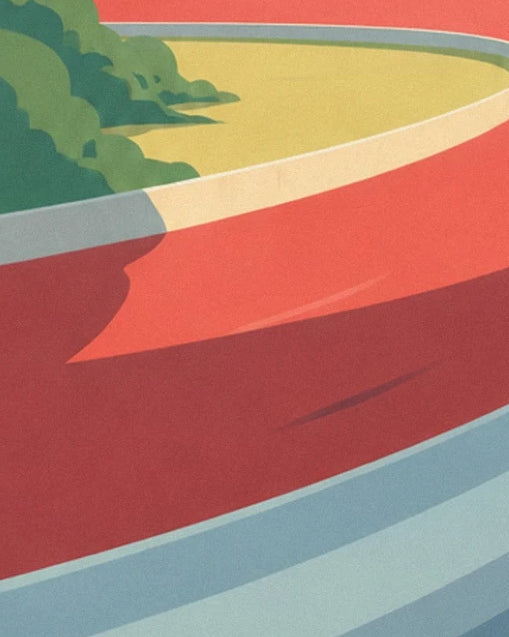 La piste rouge qui s'incurve entre la bordure bleu pâle et la pelouse jaune bordée d'arbres