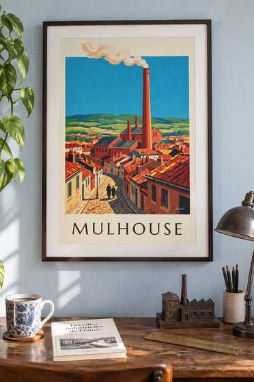 Affiche Mulhouse cité industrielle et cheminées d'usine : encadrée au mur